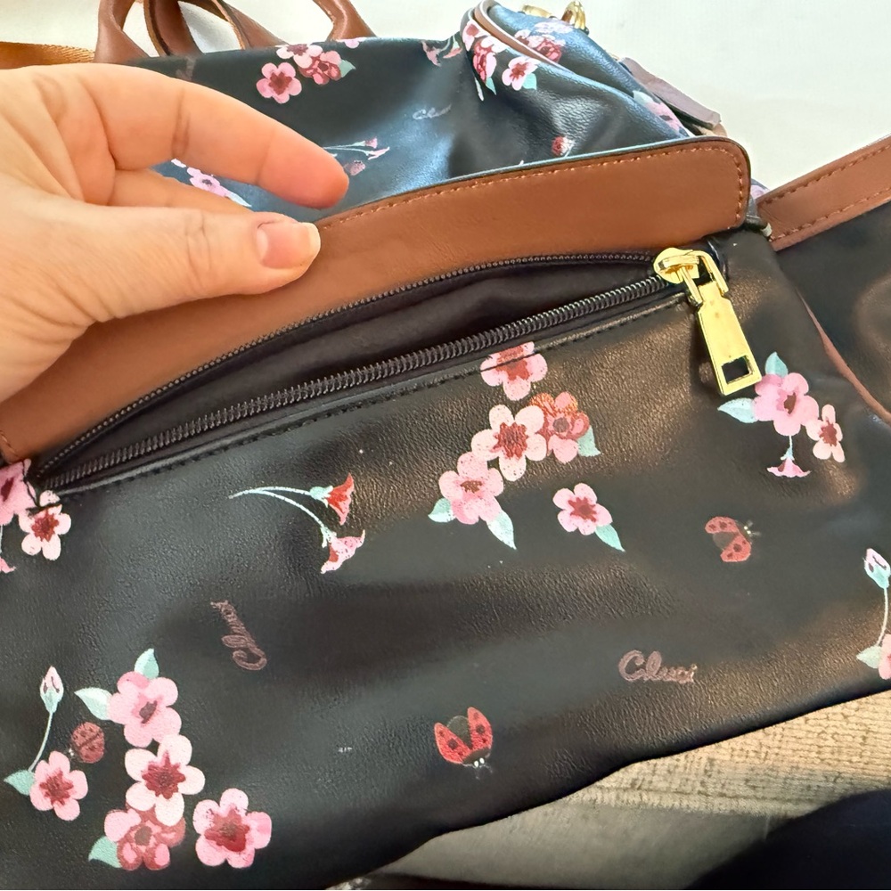 Cluci Small Floral  and Ladybug Black and Brown Backpack 12x10 - Picture 11 of 16